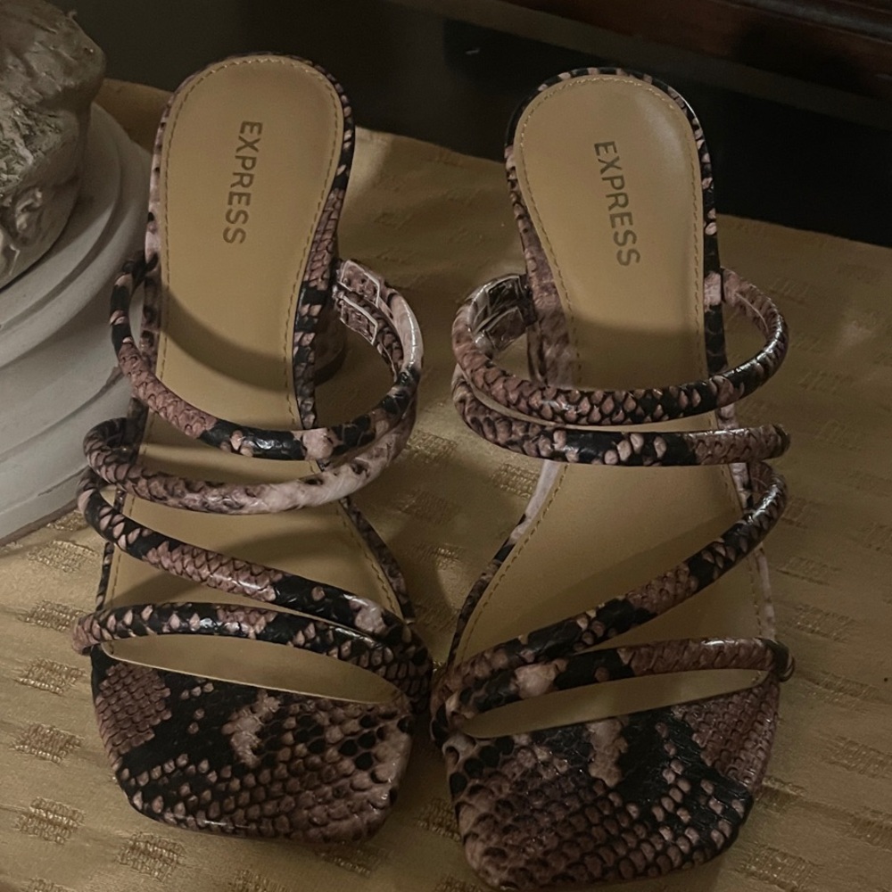 Express Snake-Print Strappy Heeled Sandals in Brown and Black